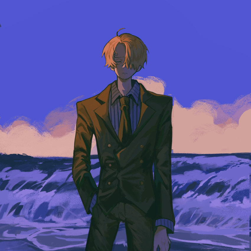 1boy black_necktie blonde_hair closed_eyes closed_mouth cloud cloudy_sky commentary curly_eyebrows english_commentary formal hair_over_one_eye hand_in_pocket herrscherofzs highres male_focus necktie ocean one_eye_covered one_piece outdoors sanji_(one_piece) short_hair sky solo standing suit water