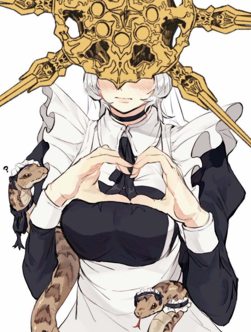 1girl ? alternate_costume animal apron blush breasts covered_eyes dark_souls_(series) dark_souls_i dark_sun_gwyndolin dress enmaided genderswap genderswap_(mtf) gold_headwear grey_hair heart heart_hands helmet highres juliet_sleeves large_breasts long_sleeves looking_at_another maid maid_apron puffy_sleeves short_hair simple_background snake solo spiked_helmet upper_body white_background zunkome