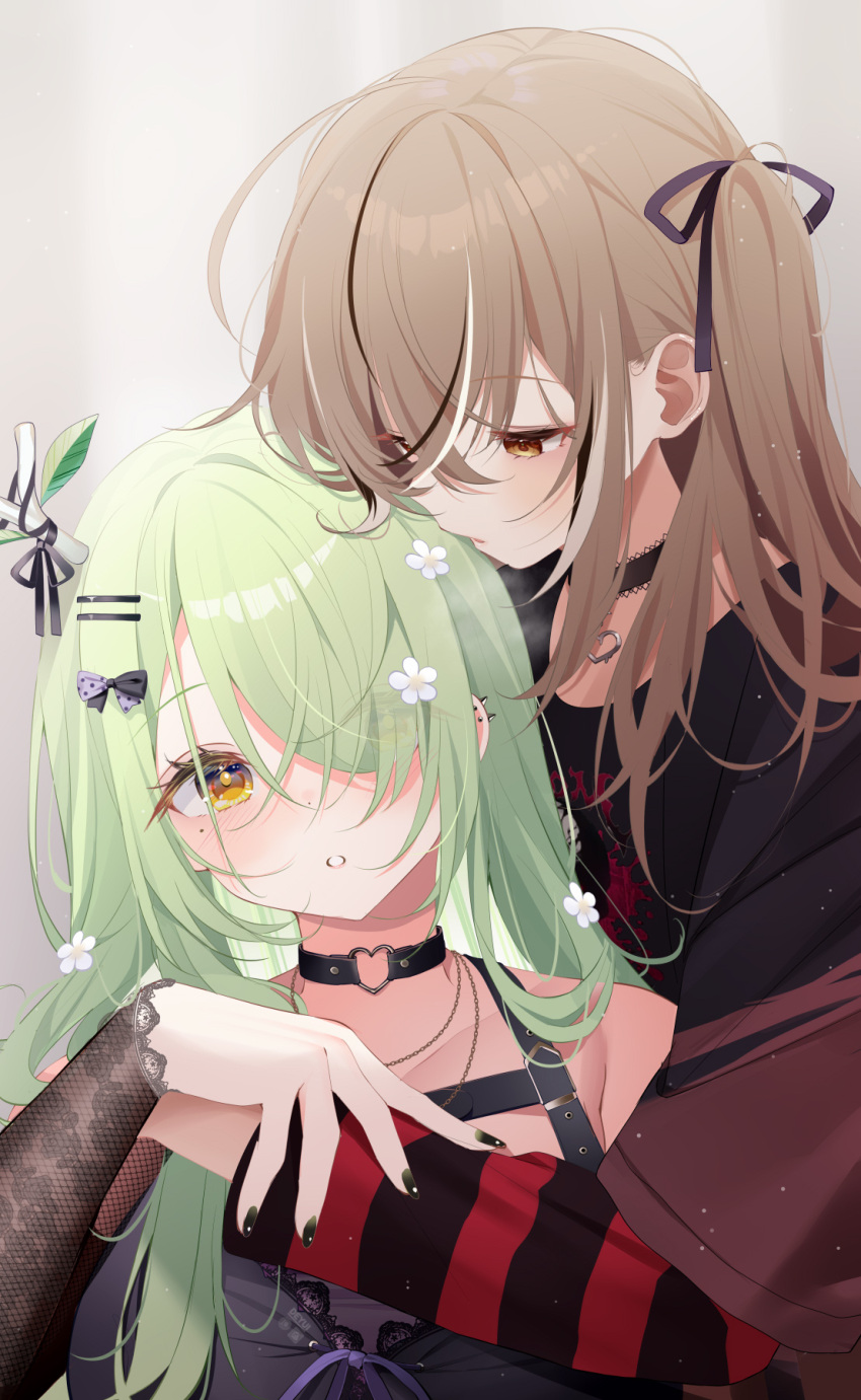 2girls ahoge antlers black_choker black_dress black_hair black_shirt blush breath brown_eyes brown_hair ceres_fauna ceres_fauna_(goth) choker deyui dress flower green_hair hair_flower hair_ornament hair_over_one_eye heart heart_choker heavy_breathing highres hololive hololive_english horns lace lace_choker long_hair mole mole_under_eye multicolored_hair multiple_girls nanashi_mumei nanashi_mumei_(emo) official_alternate_costume one_side_up shirt streaked_hair very_long_hair virtual_youtuber white_hair yellow_eyes yuri