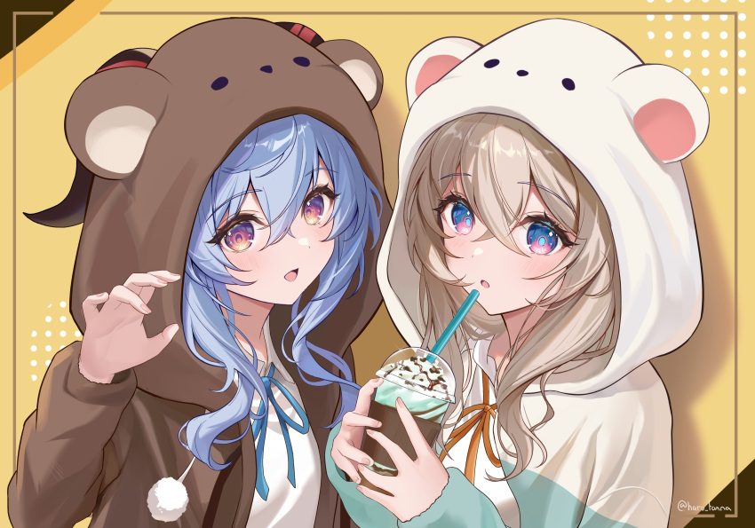 2girls :o absurdres alternate_costume animal_hood artist_name blonde_hair blue_eyes blue_hair blue_ribbon brown_pajamas commentary company_connection crossed_bangs crossover cup disposable_cup drinking_straw firefly_(honkai:_star_rail) ganyu_(genshin_impact) genshin_impact goat_horns hair_between_eyes hand_up hands_up harukix highres holding holding_cup honkai:_star_rail honkai_(series) hood hood_up hooded_pajamas horns long_hair long_sleeves looking_at_viewer mihoyo milkshake multicolored_eyes multiple_girls neck_ribbon open_mouth open_pajamas orange_ribbon pajamas pink_eyes pom_pom_(clothes) purple_eyes ribbon shirt upper_body white_pajamas white_shirt