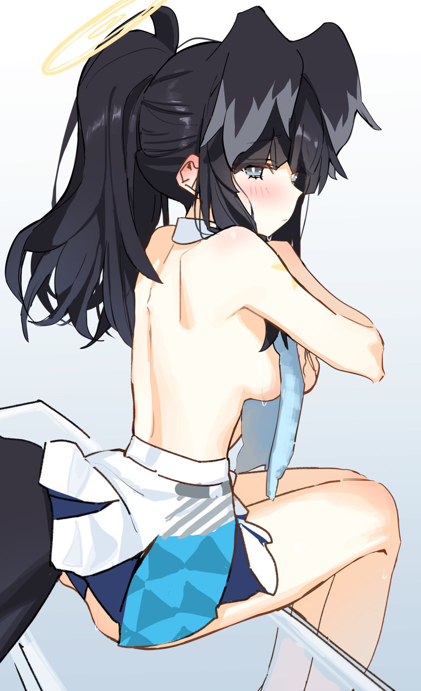 1girl absurdres animal_ears ass back black_hair blue_archive blue_skirt blush breasts cheerleader closed_mouth detached_collar dog_ears dog_tail extra_ears feet_out_of_frame grey_eyes halo hibiki_(blue_archive) hibiki_(cheer_squad)_(blue_archive) highres large_breasts long_hair looking_at_viewer millennium_cheerleader_outfit_(blue_archive) official_alternate_costume sitting skirt solo syhan tail yellow_halo