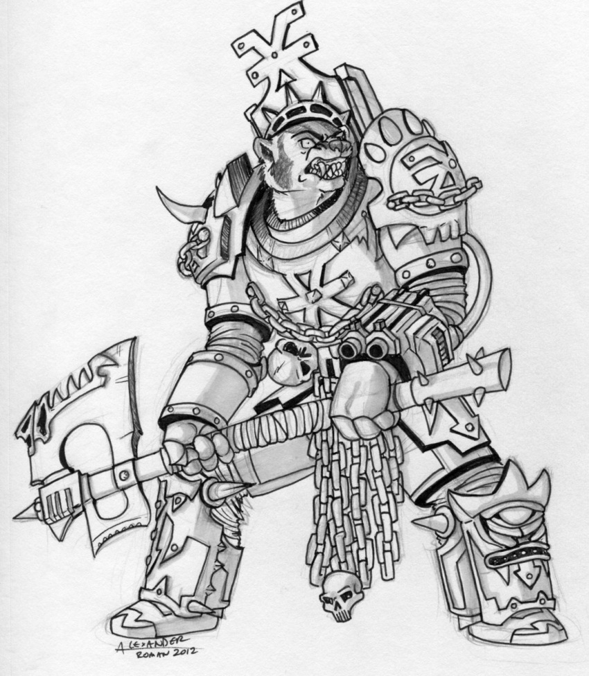 amonomega angry angry_eyes angry_face anthro armor badger bared_teeth black_and_white bolter boots chain chainaxe chaos_lord chaos_space_marine clothing double_barreled_gun footwear hi_res khorne_berzerker khorne_symbol machine male mammal monochrome mustelid musteline pauldron power_armor shoulder_pads showing_teeth simple_background solo space_marine_armor spiked_armor spiked_boots spiked_clothing spiked_footwear spiked_shoulder_pads spikes storm_bolter two_handed_axe warhammer_(franchise) white_background zhufor_the_impaler