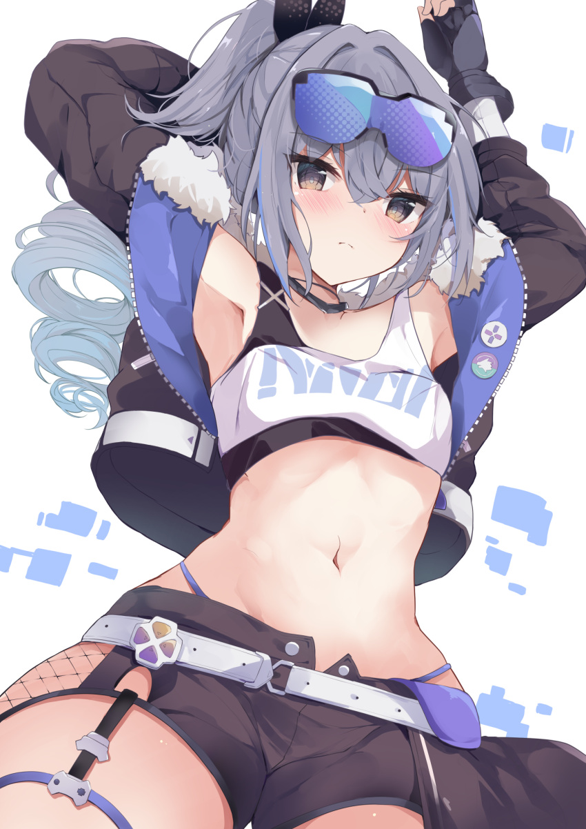 1girl arm_behind_head armpits arms_up bare_shoulders belt black_gloves black_jacket black_ribbon black_shorts blue_panties blush breasts brown_eyes closed_mouth commentary_request fingerless_gloves gloves goggles goggles_on_head grey_hair hair_between_eyes hair_ribbon highleg highleg_panties highres hinata_yuu_(atelierhinata) honkai:_star_rail honkai_(series) jacket long_hair long_sleeves looking_at_viewer navel off_shoulder open_clothes open_fly open_jacket open_shorts panties ponytail puffy_long_sleeves puffy_sleeves ribbon ringlets short_shorts shorts silver_wolf_(honkai:_star_rail) small_breasts solo stomach underwear white_background white_belt