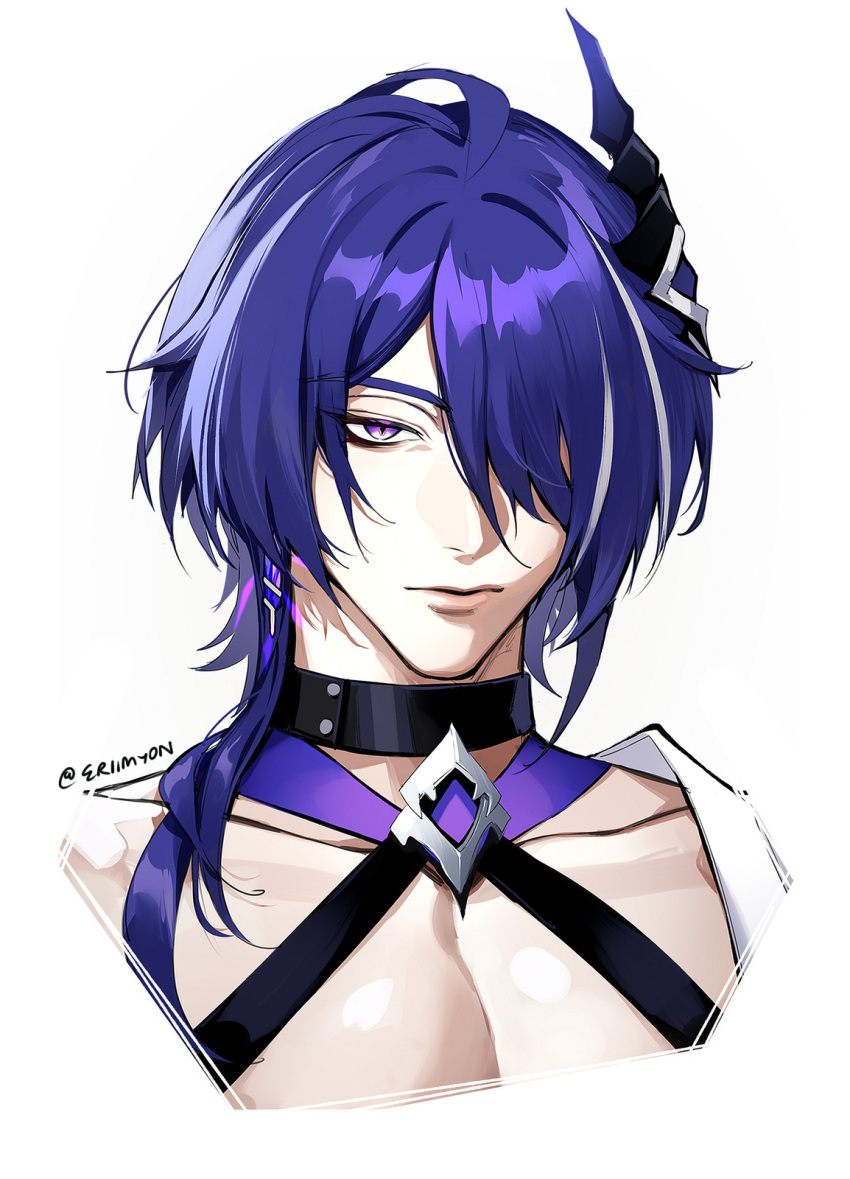 1boy acheron_(honkai:_star_rail) black_choker choker collarbone commentary eriimyon genderswap genderswap_(ftm) grey_hair hair_ornament halterneck highres honkai:_star_rail honkai_(series) male_focus multicolored_hair purple_eyes purple_hair simple_background solo streaked_hair white_background