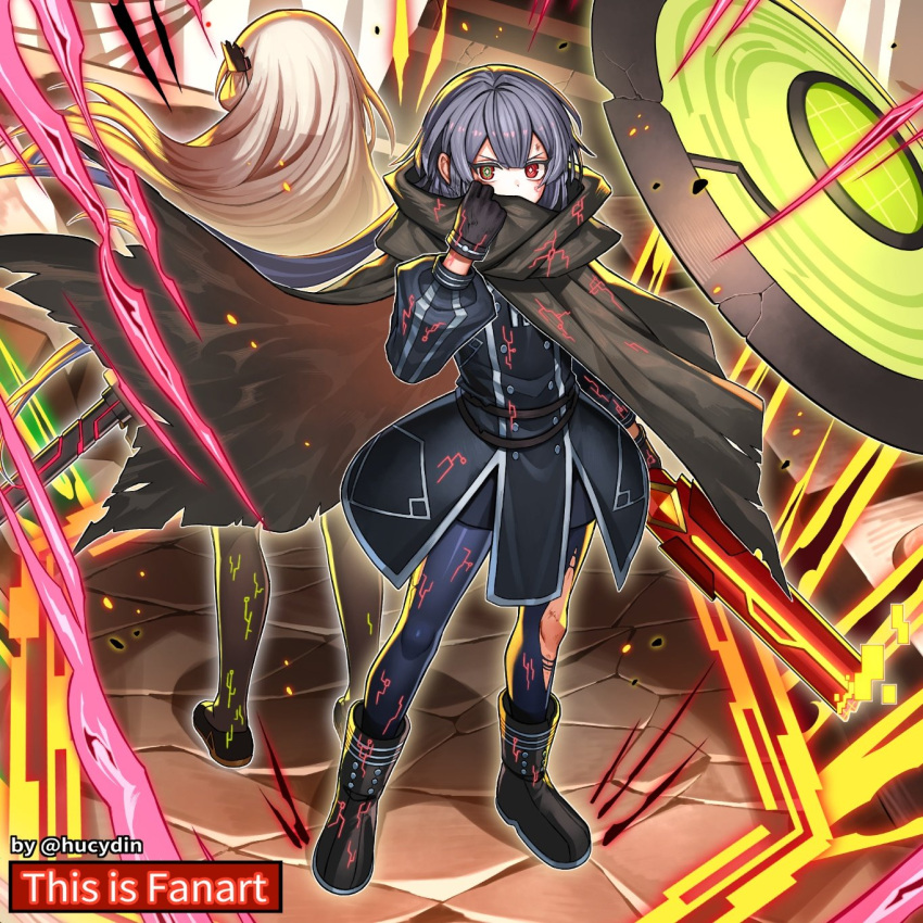 2girls back-to-back belt blonde_hair boots cloak duel_monster gloves grey_hair heterochromia highres hucydin long_hair long_sleeves multiple_girls official_alternate_costume official_alternate_hairstyle pantyhose red_eyes skirt sky_striker_ace_-_raye sky_striker_ace_-_roze torn_clothes torn_pantyhose weapon yu-gi-oh!