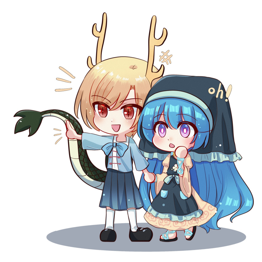2girls absurdres antlers aqua_apron black_footwear blonde_hair blue_bow blue_hair blue_shirt blue_skirt bow bright_pupils chibi chinese_commentary commentary_request dragon_tail dress film_grain frilled_headwear haniyasushin_keiki head_scarf highres horns juliet_sleeves kicchou_yachie long_hair long_sleeves mary_janes mask_(boring_mask) medium_skirt multiple_girls open_mouth pleated_skirt pointing puffy_sleeves purple_eyes shirt shoes short_hair skirt sleeves_past_elbows smile socks swept_bangs tail touhou white_pupils white_socks wide_sleeves yellow_dress