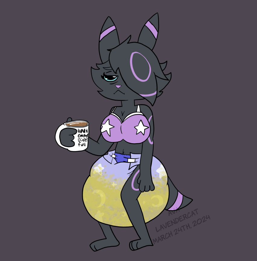 absurd_res anthro ava_lavendercat beverage big_breasts big_diaper blue_sclera bodily_fluids bra breasts clothing coffee coffee_mug diaper eevee eeveelution felid feline female generation_1_pokemon generation_2_pokemon genital_fluids hair hair_over_eye hi_res holding_mug holding_object hybrid incontinence mammal mug nicole_(secretbrowser) nintendo one_eye_obstructed pattern_clothing pattern_diaper pattern_underwear pokemon pokemon_(species) purple_bra purple_clothing purple_diaper purple_nose purple_underwear solo star_pattern_bra star_pattern_underwear text_on_mug tired tired_eyes trans_(lore) trans_woman_(lore) umbreon underwear urine wet_diaper wetting