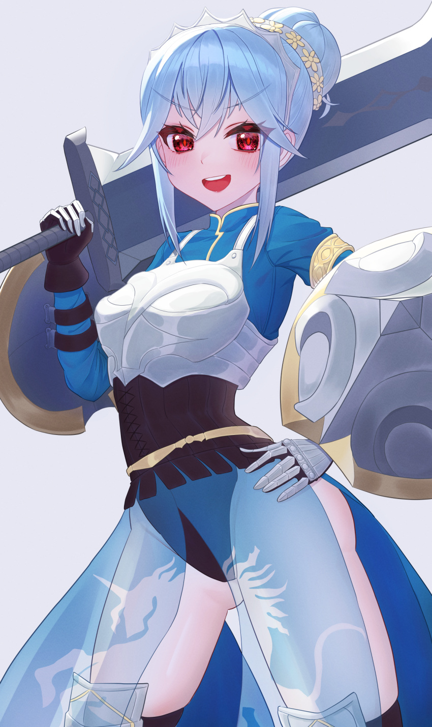 1girl armor ass_visible_through_thighs black_leotard black_thighhighs blue_hair blush braid braided_bun breastplate buckler dress gloves grey_background hair_between_eyes hair_bun hairband hand_on_own_hip highres holding holding_sword holding_weapon leotard long_hair looking_at_viewer open_mouth red_eyes ru_wan_chi shield smile solo sword teeth thighhighs thighs unicorn_overlord upper_body upper_teeth_only virginia_(unicorn_overlord) weapon