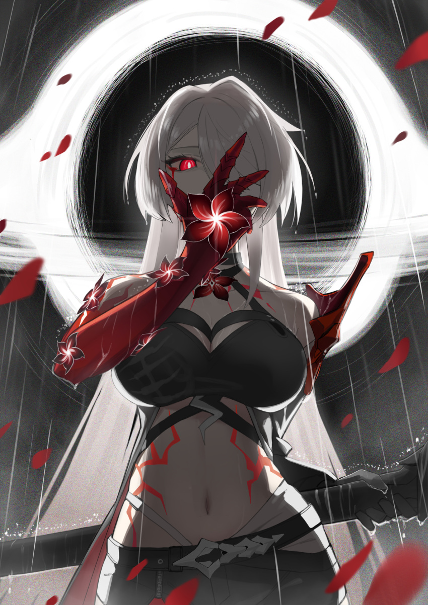 1girl acheron_(honkai:_star_rail) arm_up black_choker black_gloves black_hole black_shorts blood blood_from_eyes body_markings breasts choker cleavage detached_sleeves falling_petals flower gloves hair_over_one_eye hand_on_own_face highres holding holding_sword holding_weapon honkai:_star_rail honkai_(series) large_breasts lempika long_hair midriff navel petals rain red_eyes red_flower scabbard sheath sheathed short_shorts shorts single_bare_shoulder solo stomach sword weapon white_hair