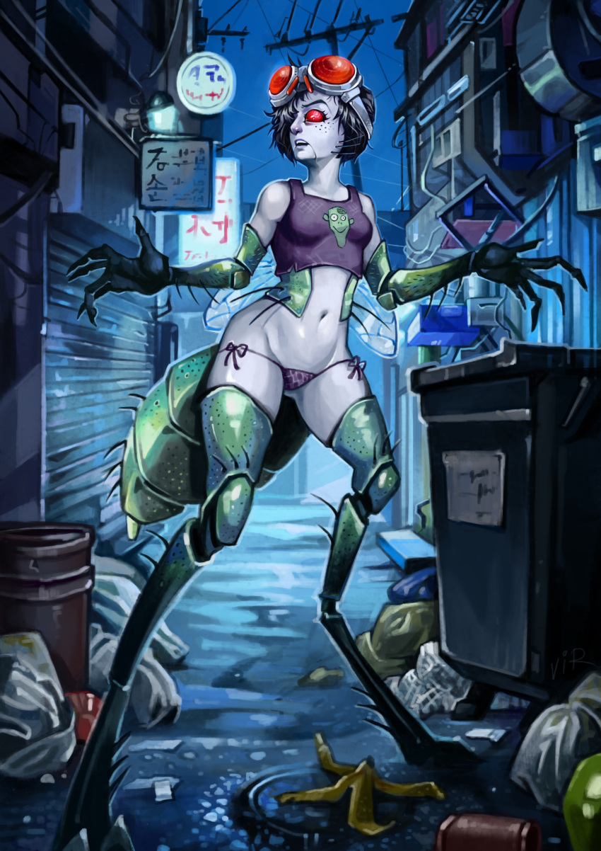 absurd_res alley anthro arthropod arthropod_abdomen black_hair claws clothed clothing digitigrade dipteran exoskeleton eyewear female goggles hair hi_res insect insect_wings navel pale_skin panties red_eyes shirt solo tank_top topwear underwear virlandil wings