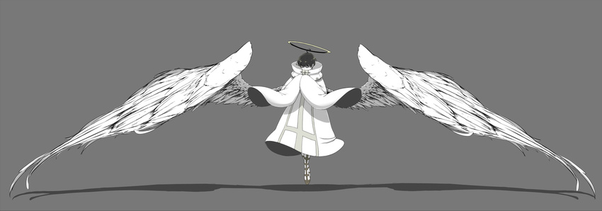 alternate_costume angel angel_wings black_hair boots closed_eyes covered_mouth feathers floating full_body grey_background halo high_collar highres limited_palette long_sleeves male_focus matsuno_juushimatsu osomatsu-kun osomatsu-san own_hands_together shadow silentcity simple_background sleeves_past_wrists solo spread_wings white_skin white_wings wide_sleeves wings