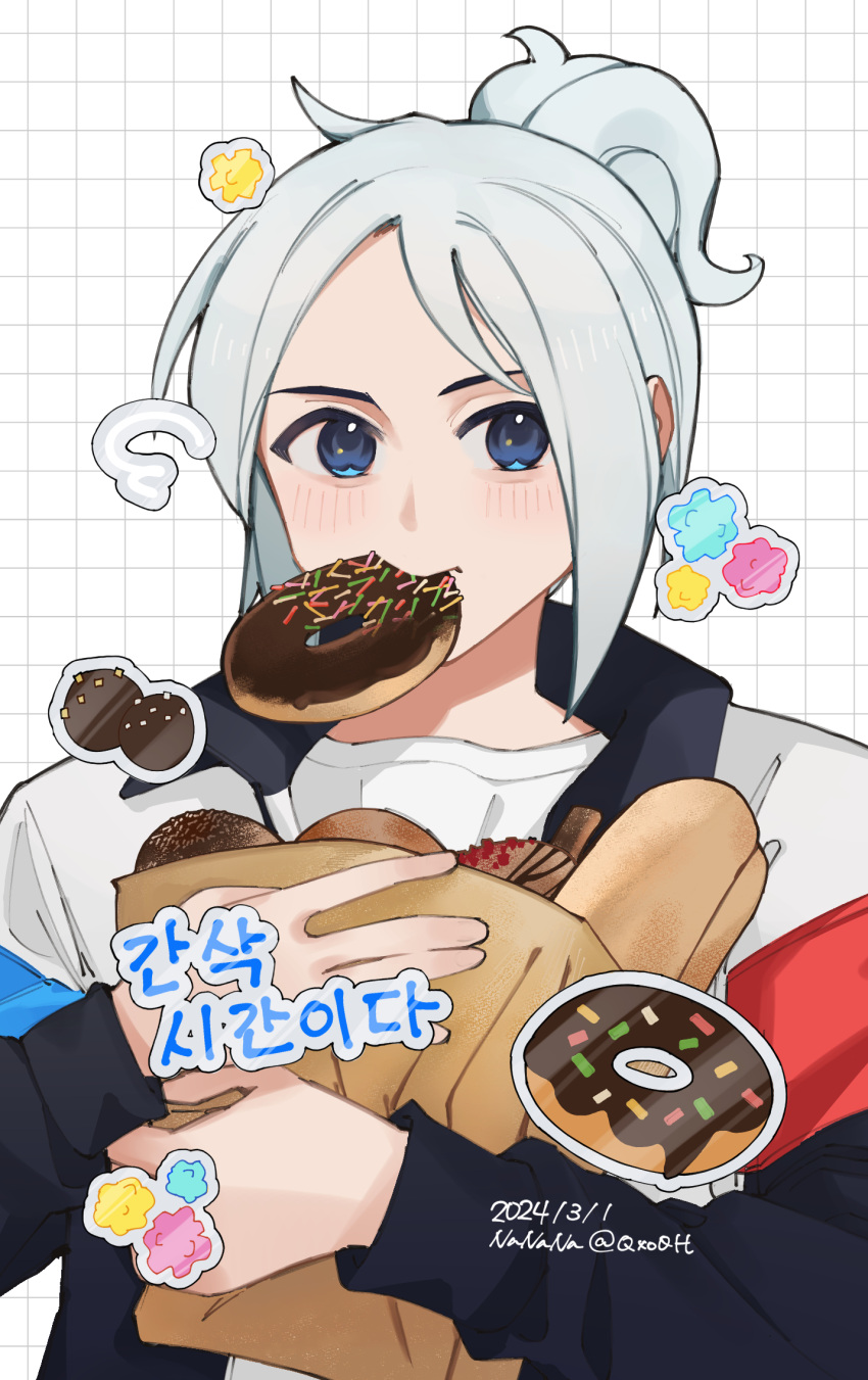 1girl animification artist_name bag blue_eyes blue_hair dated doughnut food food_in_mouth grid_background grocery_bag hair_behind_ear highres holding holding_bag jacket jett_(valorant) korean_text looking_at_viewer nanana_(syoki0916) ponytail shirt shopping_bag solo valorant white_background white_jacket white_shirt