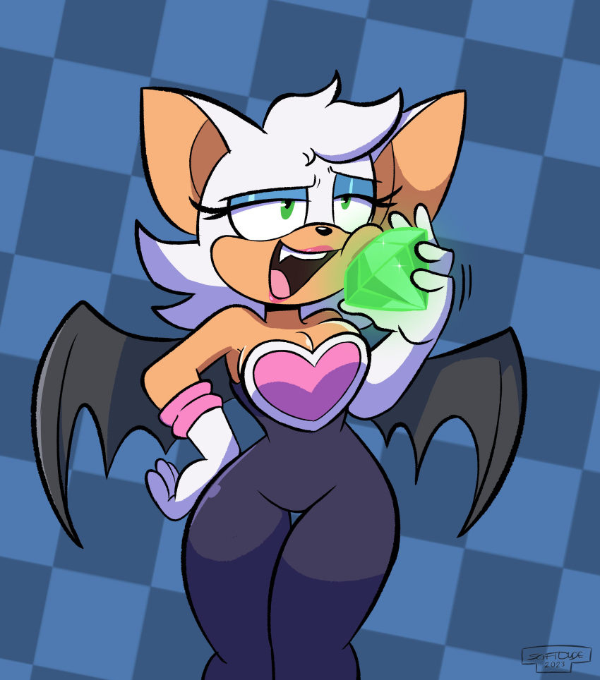 absurd_res anthro armwear bat breasts chaos_emerald cleavage clothed clothing elbow_gloves eyeshadow female fur gem gloves green_eyes handwear hi_res lipstick makeup mammal open_mouth open_smile rouge_the_bat scifidude sega signature smile solo sonic_the_hedgehog_(series) tan_body tan_skin white_body white_fur wings