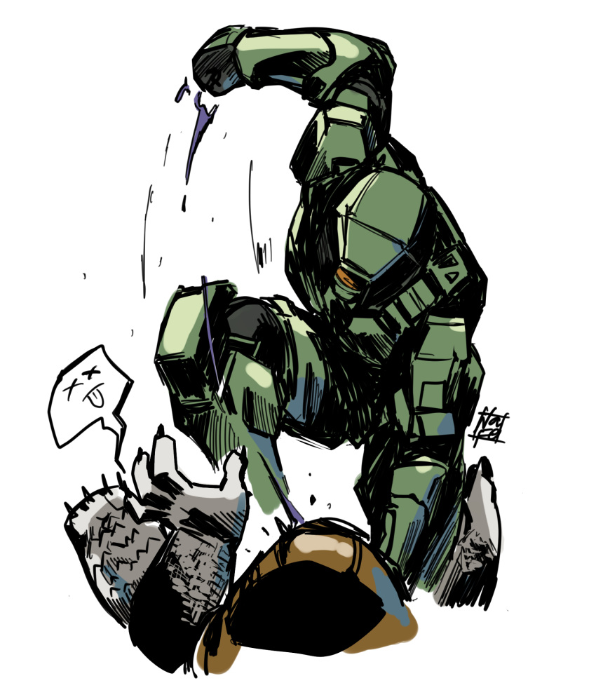 1boy alien armor assault_visor grunt_(halo) halo:_combat_evolved halo_(series) highres master_chief nasutetsu on_one_knee power_armor solo_focus spartan_(halo) speech_bubble x_x