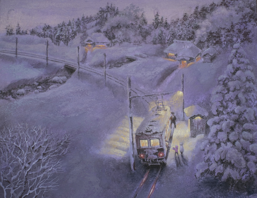 0zolvut2323nyus 3boys absurdres bare_tree building forest highres house lamppost light multiple_boys nature nihonga original pine_tree river scenery smoke snow snowing train tree