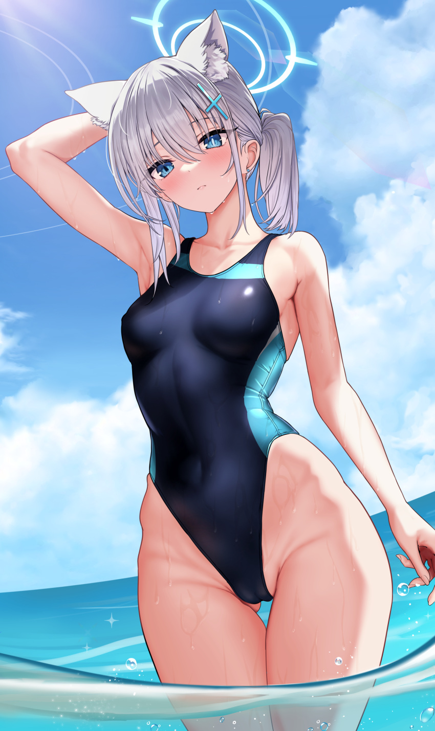 1girl absurdres animal_ear_fluff animal_ears bare_shoulders black_one-piece_swimsuit blue_archive blue_eyes blush breasts cameltoe commentary_request competition_swimsuit covered_navel cross_hair_ornament extra_ears grey_hair hair_ornament halo hidis0086 highleg highleg_swimsuit highres korean_commentary low_ponytail medium_breasts medium_hair mismatched_pupils multicolored_clothes multicolored_swimsuit ocean official_alternate_costume one-piece_swimsuit outdoors partially_underwater_shot shiroko_(blue_archive) shiroko_(swimsuit)_(blue_archive) solo standing swimsuit wading water wet wolf_ears