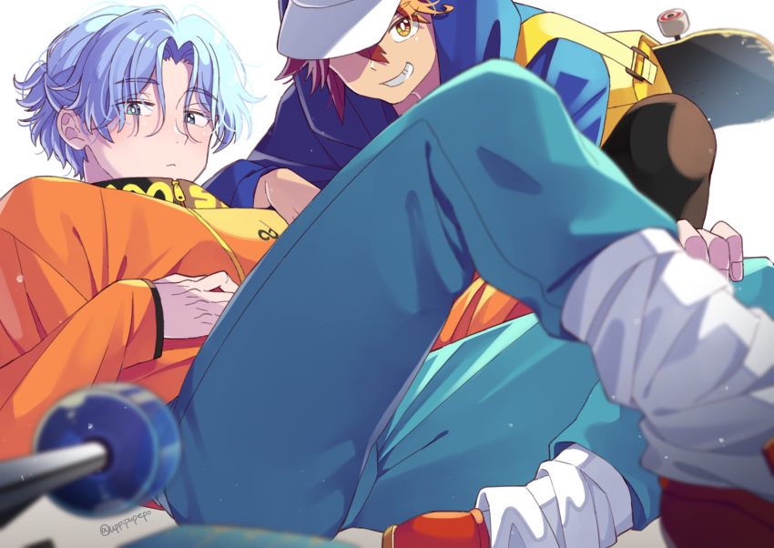 2boys baseball_cap blue_eyes blue_hair closed_mouth grin hand_on_another's_thigh hasegawa_langa hat highres hood hood_up jacket kyan_reki male_focus multiple_boys pants red_eyes red_hair short_hair sitting sk8_the_infinity skateboard smile socks squatting twitter_username uppi wheel