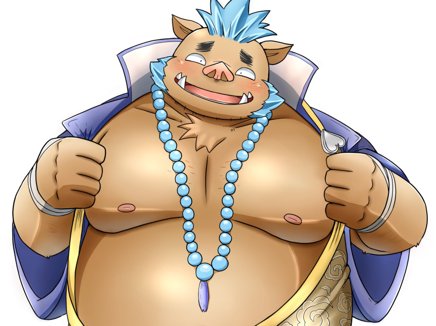 anthro belly blue_hair blush brown_body brown_fur eyebrows flashing fur ganglie_(tas) hair hi_res inunodaidokoro jewelry lifewonders male mammal monk musclegut muscular necklace nipples pecs prayer_beads presenting smile solo suid suina sus_(pig) thick_eyebrows tokyo_afterschool_summoners tusks wild_boar
