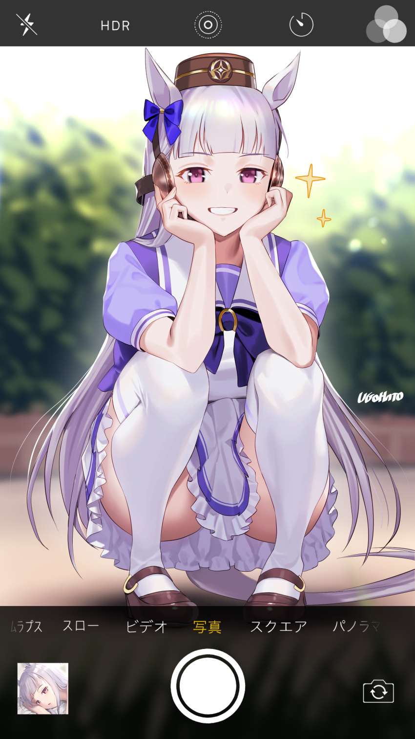 1girl absurdres animal_ears artist_name bow brown_footwear commentary_request gold_ship_(umamusume) grey_hair grin highres horse_ears horse_girl horse_tail loafers long_hair outdoors pillbox_hat puffy_short_sleeves puffy_sleeves purple_bow purple_eyes purple_shirt school_uniform shirt shoes short_sleeves skirt smile solo sparkle squatting summer_uniform tail thighhighs tracen_school_uniform ugohato umamusume uniform very_long_hair viewfinder white_thighhighs