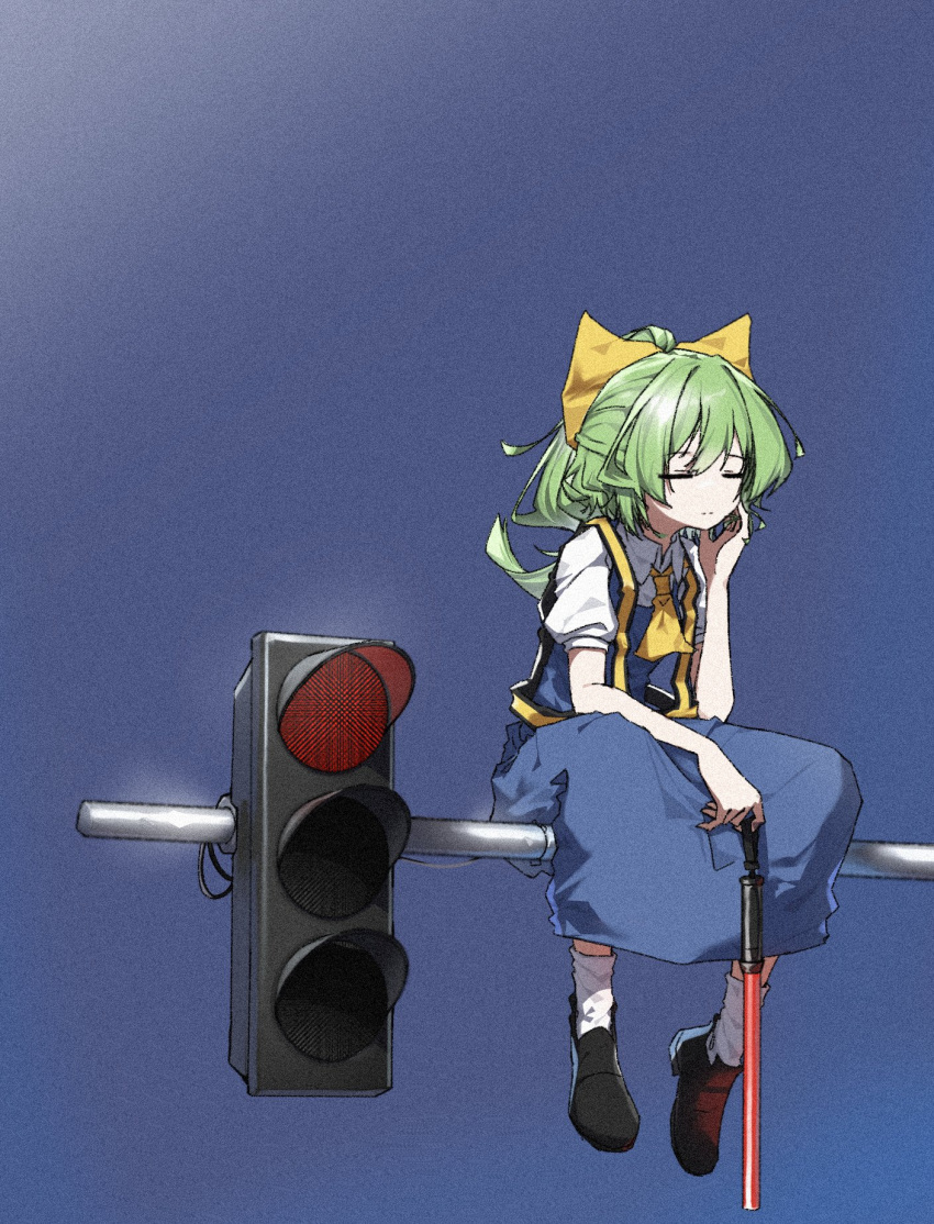 1girl ascot black_footwear blue_skirt blue_sky blue_vest bow closed_eyes collared_shirt cookie_(touhou) daiyousei diyusi_(cookie) full_body green_hair hair_between_eyes hair_bow hand_on_own_face hand_up high-visibility_vest highres holding_baton medium_hair no_wings ponytail puffy_short_sleeves puffy_sleeves red_light shirt short_sleeves sitting sitting_on_object skirt sky socks solo sunlight touhou traffic_baton traffic_light traveler_hxy vest white_shirt white_socks yellow_ascot yellow_bow