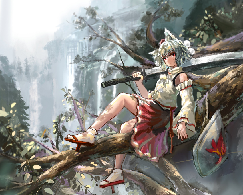 1girl animal_ears bare_shoulders closed_mouth commentary detached_sleeves geta hat highres holding holding_sword holding_weapon in_tree inubashiri_momiji leaf leaf_print maple_leaf maple_leaf_print outdoors pom_pom_(clothes) red_eyes ribbon-trimmed_sleeves ribbon_trim shield shield_print short_hair sitting sitting_in_tree skirt socks solo sword tengu-geta tokin_hat touhou tree weapon white_hair white_socks wolf_ears zhuxie1264852