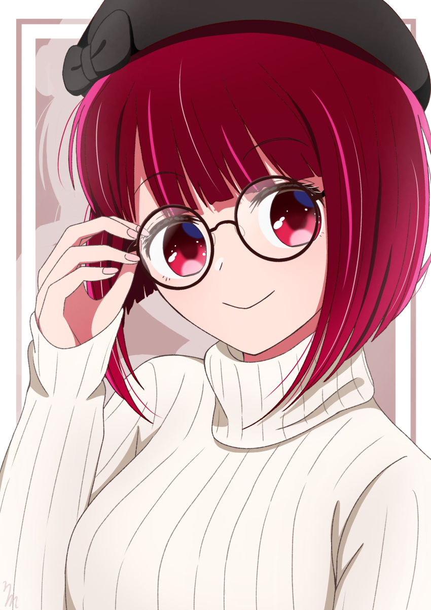 1girl absurdres arima_kana arm_up blush bob_cut border closed_mouth glasses hat highres inverted_bob medium_hair nm_(blue-rapid) oshi_no_ko red_eyes red_hair short_hair simple_background smile sweater white_sweater