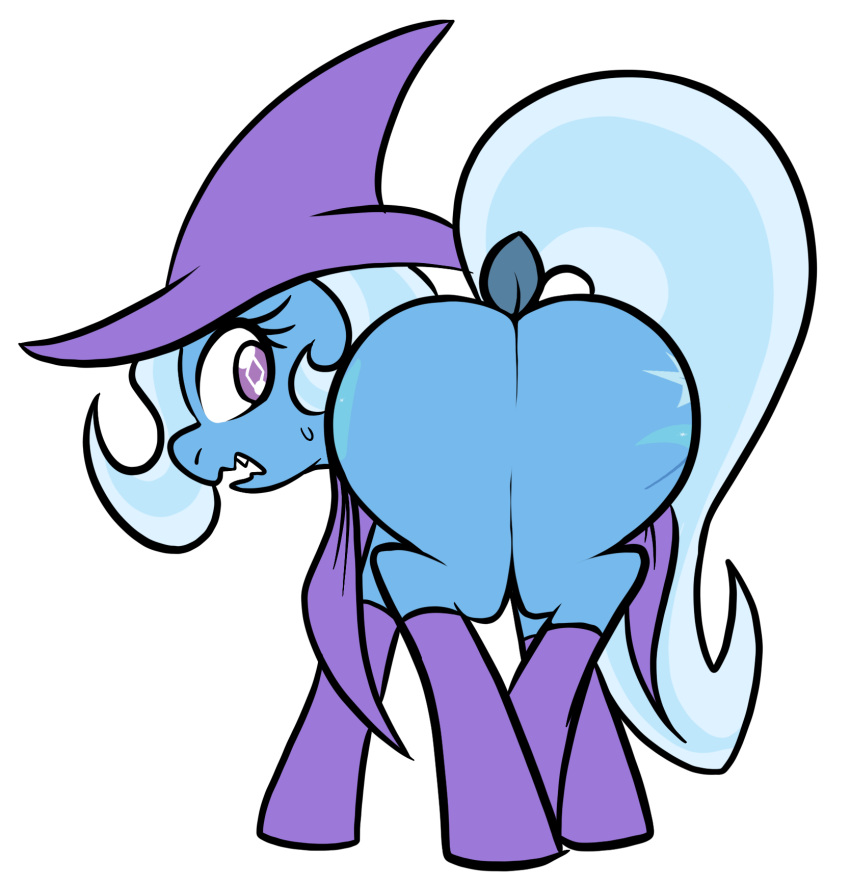 2024 big_butt blue_body bodily_fluids butt butt_focus cape clothing cutie_mark digital_drawing_(artwork) digital_media_(artwork) dock_(anatomy) equid equine featureless_crotch female feral flat_colors footwear friendship_is_magic hasbro hat headgear headwear hi_res horn legwear looking_at_viewer looking_back looking_back_at_viewer mammal my_little_pony mythological_creature mythological_equine mythology open_mouth purple_cape purple_clothing purple_footwear purple_hat purple_headwear purple_legwear purple_socks purple_stockings quadruped shinkaku simple_background socks solo stockings sweat sweatdrop tail trixie_(mlp) unicorn white_background worried