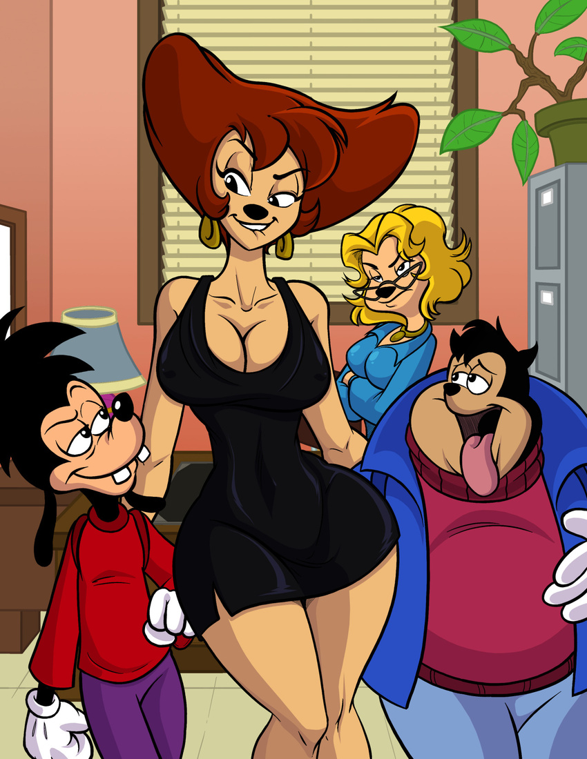 aeolus06 anthro big_breasts biting_lip breasts canine cleavage clothed clothing disney female goof_troop group male mammal mature_female max_goof mrs._pennypacker ms._pennypacker naughty_face peg_pete pj