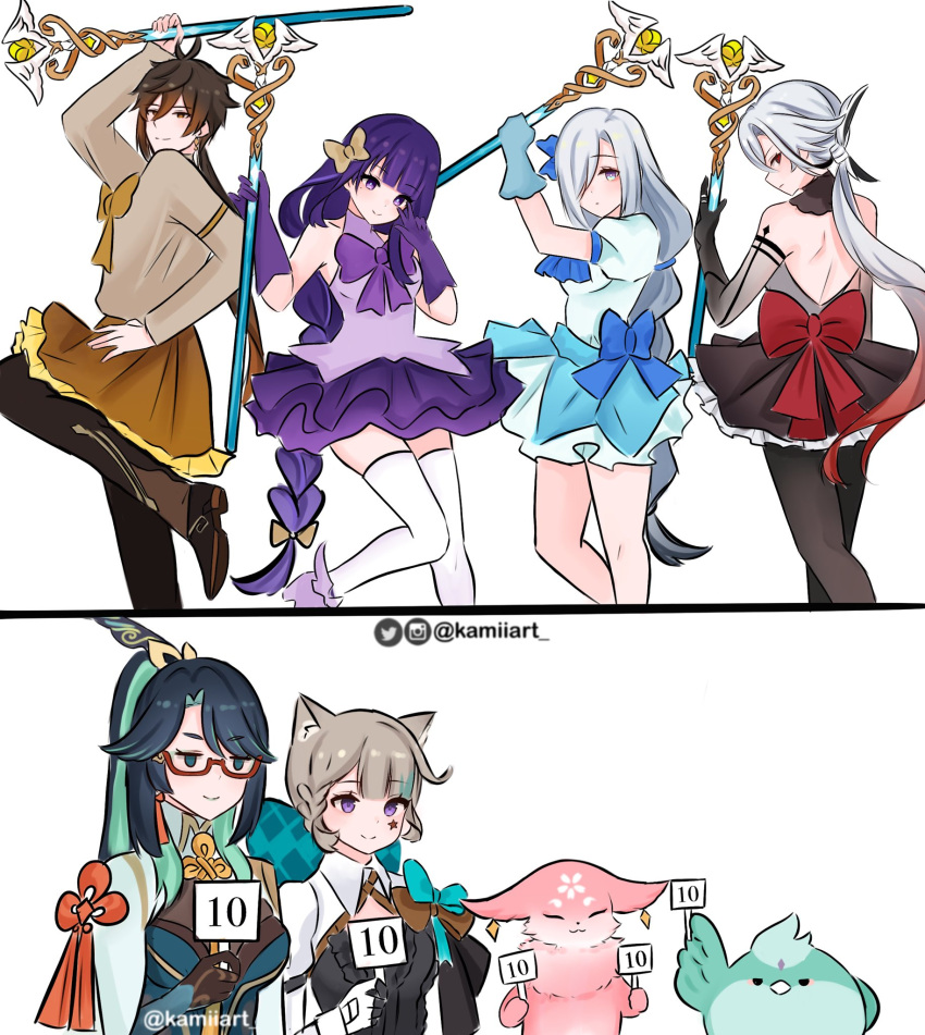 1boy 5girls animal_ears arlecchino_(genshin_impact) bird birthmark black_eyes black_hair black_hands blue_bow bow bowtie breasts cat_ears cat_girl cat_tail closed_mouth fox genshin_impact glasses gloves grey_hair highres instagram_logo instagram_username kamiiart large_breasts long_hair lyney_(genshin_impact) magical_girl multicolored_hair multiple_girls non-web_source pantyhose purple_bow purple_eyes purple_hair raiden_shogun score shenhe_(genshin_impact) symbol-shaped_pupils tail thighhighs twitter_logo twitter_username very_long_hair white_hair x-shaped_pupils xianyun_(genshin_impact) xiao_(bird)_(genshin_impact) xiao_(genshin_impact) yae_miko yae_miko_(fox) yellow_bow yellow_eyes zhongli_(genshin_impact)