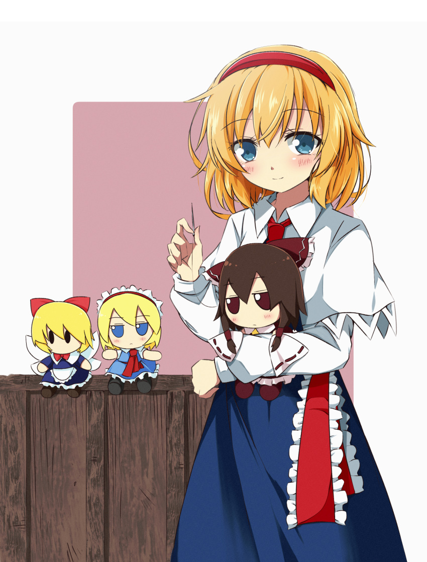 1girl alice_margatroid apron ascot blonde_hair blue_dress blue_eyes blush bow brown_hair capelet closed_mouth commentary_request doll dress frilled_bow frilled_hairband frills fumo_(doll) hair_bow hair_tubes hairband hakurei_reimu highres holding holding_needle lolita_hairband long_sleeves looking_at_viewer medium_hair needle red_ascot red_bow red_eyes red_hairband ribbon-trimmed_sleeves ribbon_trim shanghai_doll short_hair smile solo thread touhou tsuukinkaisoku_oomiya waist_apron white_apron white_capelet wings