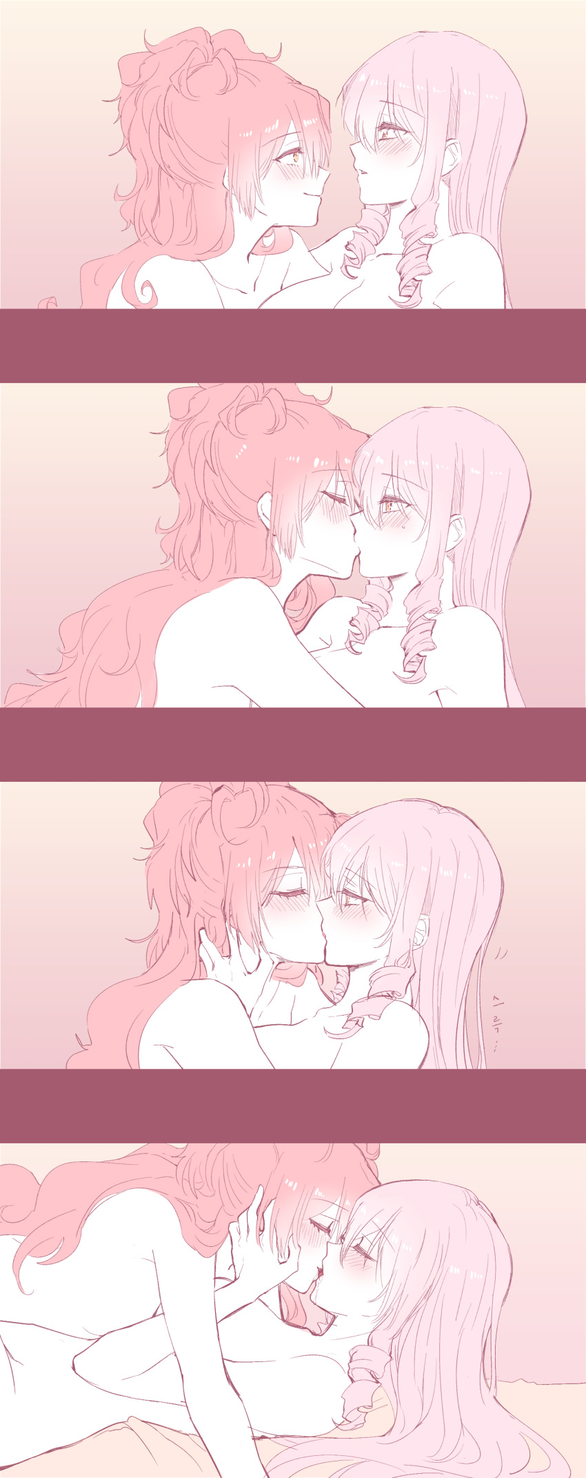 2girls aaaaddddd absurdres akuma_no_riddle blush breasts closed_eyes commentary_request drill_hair eye_contact hand_on_another's_face highres inukai_isuke kiss large_breasts long_hair looking_at_another lying multiple_girls nude on_back parted_lips pink_hair ponytail red_hair sagae_haruki smile yuri