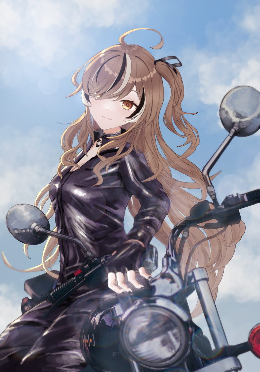 1girl ahoge alternate_costume black_choker black_jumpsuit black_nails brown_eyes brown_hair choker cloud cloudy_sky fingerless_gloves fzvkrjisli18183 gloves hair_over_one_eye heart heart_choker highres hololive hololive_english huge_ahoge jumpsuit lace-trimmed_choker lace_trim leaning_against_motorcycle long_hair motor_vehicle motorcycle multicolored_hair nanashi_mumei official_alternate_hairstyle one_side_up partially_unzipped sky smile streaked_hair very_long_hair virtual_youtuber
