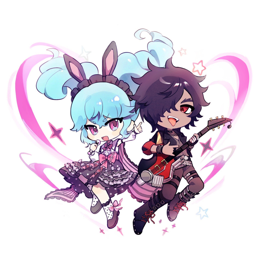 1boy 1girl :d \m/ animal_ear_hairband animal_ears arm_up belt black_belt black_footwear black_jacket blue_hair boots chibi dark-skinned_male dark_skin drill_hair fake_animal_ears full_body grey_pants guitar hair_over_one_eye hairband highres holding holding_guitar holding_instrument holding_microphone idol_clothes idol_land_pripara index_finger_raised instrument jacket katasumi_amari knee_boots long_hair looking_at_viewer mario_(pripara) microphone open_mouth pants pink_eyes playing_guitar polka_dot polka_dot_skirt pretty_series pripara rabbit_ear_hairband rabbit_ears red_eyes shoes short_hair skirt smile sparkle standing swirl tongue tongue_out twin_drills twintails white_background zhou_(suzusuz57561619)