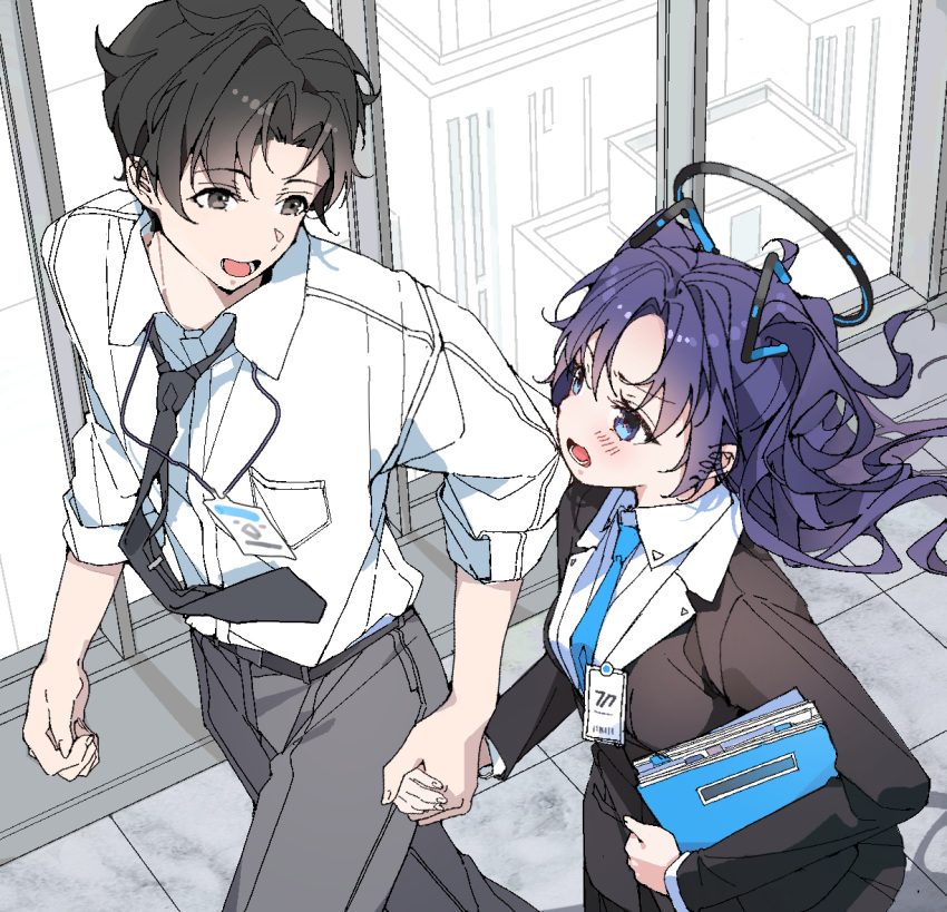 1boy 1girl black_eyes black_hair black_necktie blue_archive blue_archive_the_animation blue_eyes blue_necktie blush breasts collared_shirt grey_pants halo id_card indoors long_hair long_sleeves mechanical_halo medium_breasts necktie open_mouth pants patch_oxxo purple_hair sensei_(blue_archive) sensei_(blue_archive_the_animation) shirt short_hair sleeves_past_elbows smile suit two_side_up white_shirt yuuka_(blue_archive)