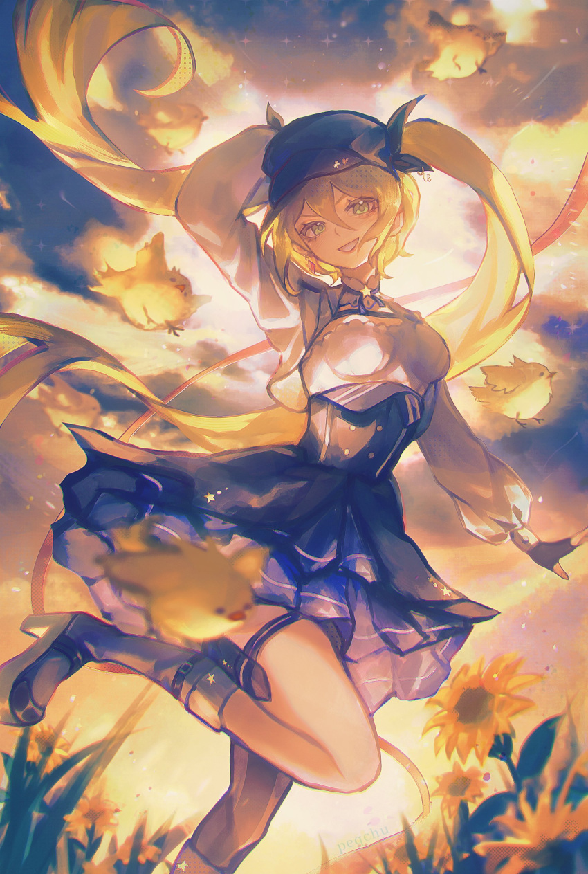 absurdres blonde_hair blue_hat blue_skirt boots breasts choker cropped_jacket dokibird_(vtuber) dragoon_(dokibird) earrings feet_out_of_frame fingerless_gloves flower gloves grass green_eyes hat high_heel_boots high_heels highres indie_virtual_youtuber jacket jewelry long_hair long_sleeves looking_at_viewer open_clothes open_jacket outdoors peqchuu plant shirt single_earring skirt sky small_breasts smile standing standing_on_one_leg twintails very_long_hair virtual_youtuber white_jacket white_shirt yellow_flower yellow_theme