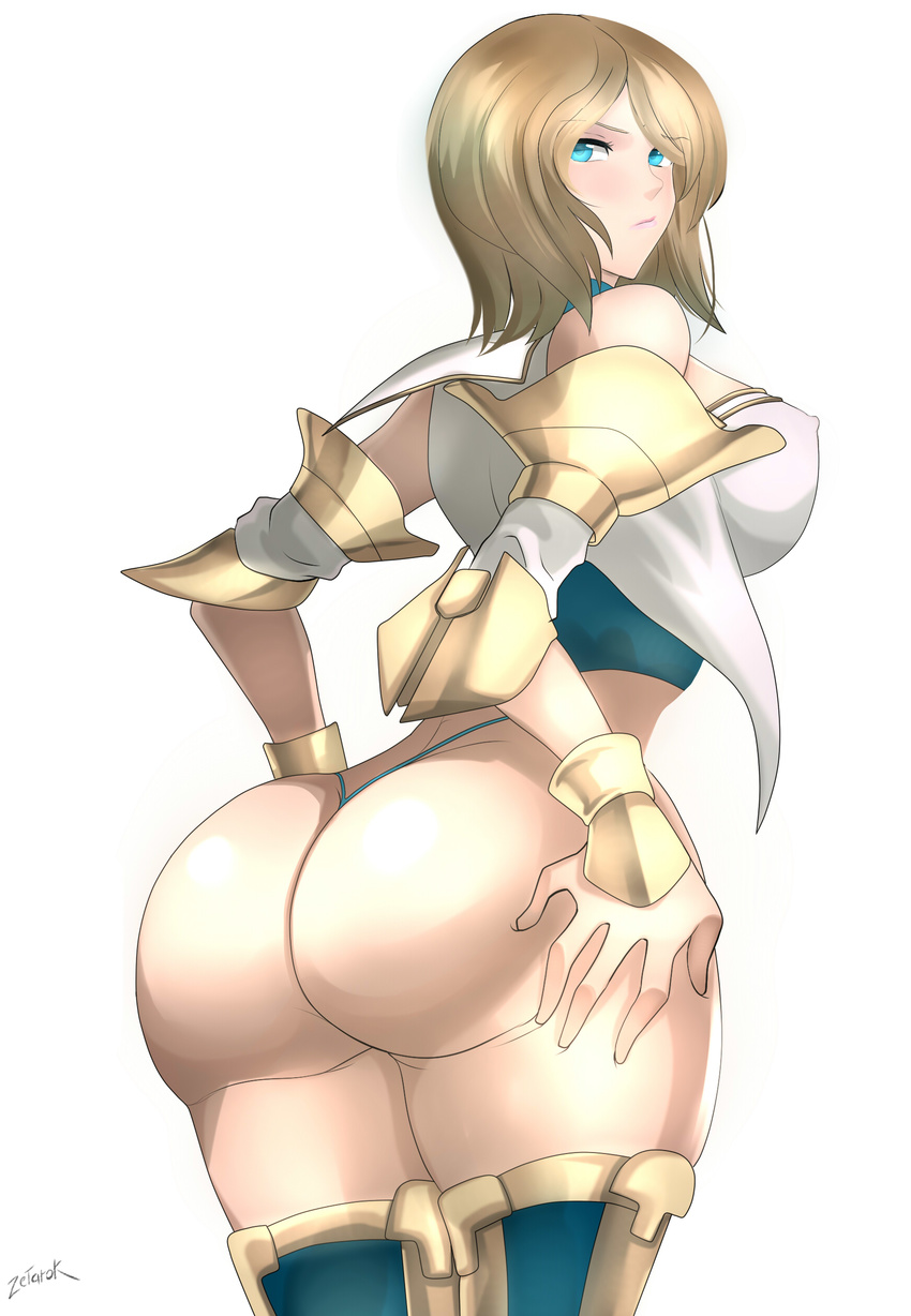 absurdres ashelia_b'nargin_dalmasca ass bare_shoulders blonde_hair breasts covered_nipples final_fantasy final_fantasy_xii g-string highres large_breasts looking_back panties pout short_hair simple_background solo thighs thong underwear white_background zetarok