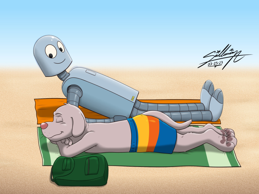 anthro beach beach_towel canid canine canis clothing dog_(robot_dreams) domestic_dog duo hi_res machine male mammal outside robot robot_(robot_dreams) robot_dreams sagadreams swimming_trunks swimwear towel