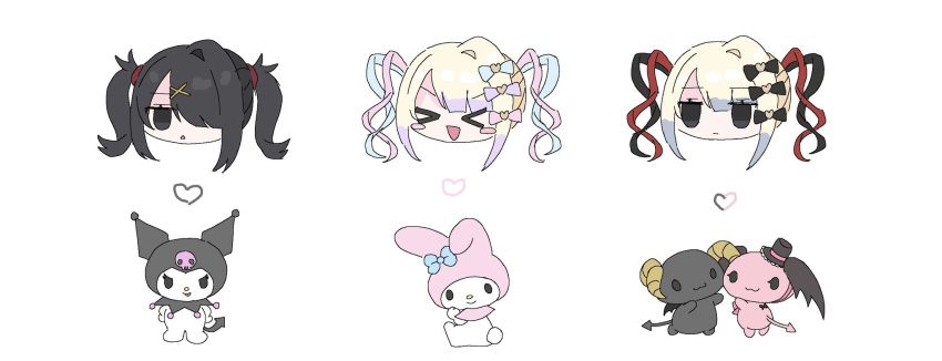 &gt;_&lt; 3girls :d ame-chan_(needy_girl_overdose) berry_(sanrio) black_bow black_hair blonde_hair blue_bow blue_eyes blue_hair blush_stickers bow cherry_(sanrio) chibi chouzetsusaikawa_tenshi-chan chouzetsusaikawa_tenshi-chan_(dark_angel) closed_eyes closed_mouth commentary_request dark_persona hair_bow hair_ornament hair_over_one_eye head_only heart highres kuromi long_hair looking_at_viewer multicolored_hair multiple_girls multiple_persona my_melody needy_girl_overdose onegai_my_melody open_mouth pink_bow pink_hair purple_bow quad_tails red_hair sanrio simple_background smile twintails white_background x_hair_ornament xd yui_(htbanz3)