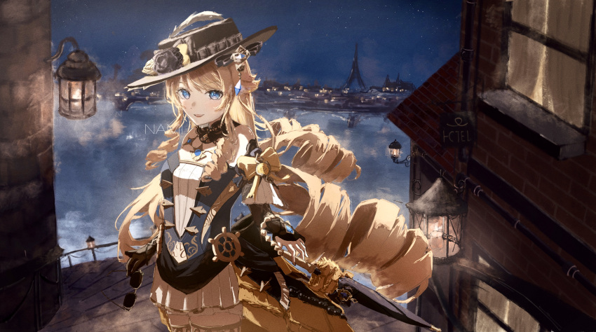 1girl absurdres artist_name black_hat blonde_hair blue_eyes cityscape cowboy_shot drill_hair eiffel_tower genshin_impact gold_trim hat highres lamp namito_nami navia_(genshin_impact) outdoors sidelocks sign skirt solo standing thighhighs twin_drills water white_skirt white_thighhighs zettai_ryouiki