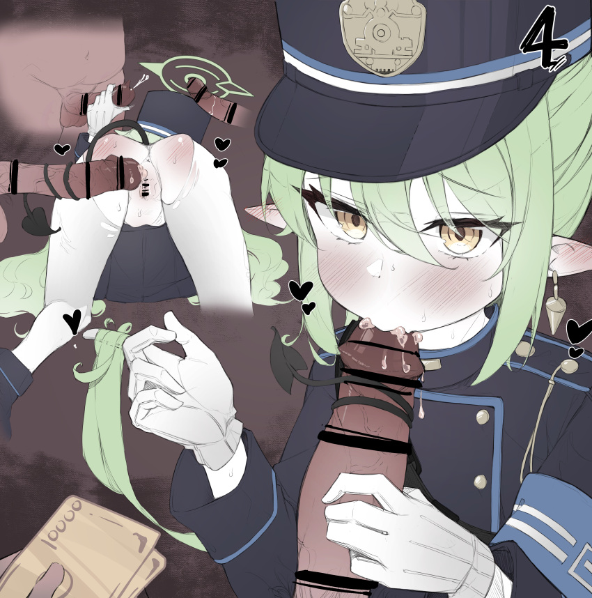 2girls 4boys absurdres bar_censor black_hat black_jacket black_tail blue_archive blush censored cum cum_in_mouth demon_tail earrings fellatio gloves green_halo grey_hair halo hat hetero highlander_sidelocks_conductor_(blue_archive) highlander_twintails_conductor_(blue_archive) highres jacket jewelry long_hair long_sleeves multiple_boys multiple_girls naretsuro oral pantyhose peaked_cap pointy_ears pussy tail torn_clothes torn_pantyhose white_gloves white_pantyhose yellow_eyes