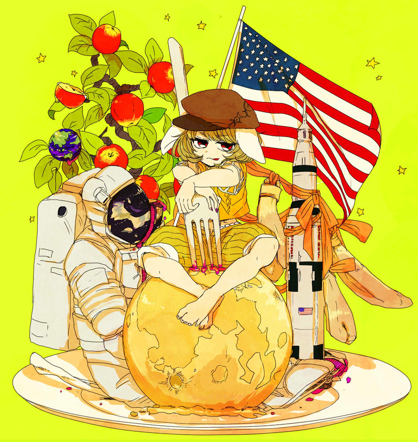american_flag animal_ears apple apple_tree bad_id bad_pixiv_id barefoot blonde_hair blood brown_hat bunny_ears earth feet_together flag floppy_ears food fruit hat highres jpeg_artifacts knees_apart_feet_together looking_at_viewer moon nail_polish orange_shirt oversized_object pink_nails plate red_eyes ribbon ringo_(touhou) rocket shimana_(cs-ts-az) shirt short_sleeves shorts sitting solo spacesuit star striped tongue tongue_out touhou tree vertical-striped_shorts vertical_stripes yellow_background yellow_shorts