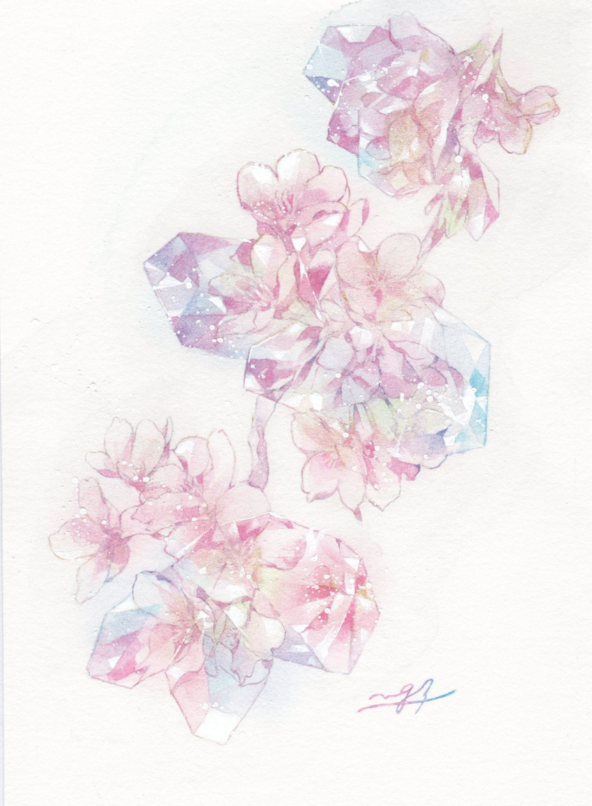 cherry_blossoms diamond_(gemstone) flower gem highres megumi_(mg3) no_humans original painting_(medium) pink_flower signature simple_background still_life traditional_media watercolor_(medium) white_background