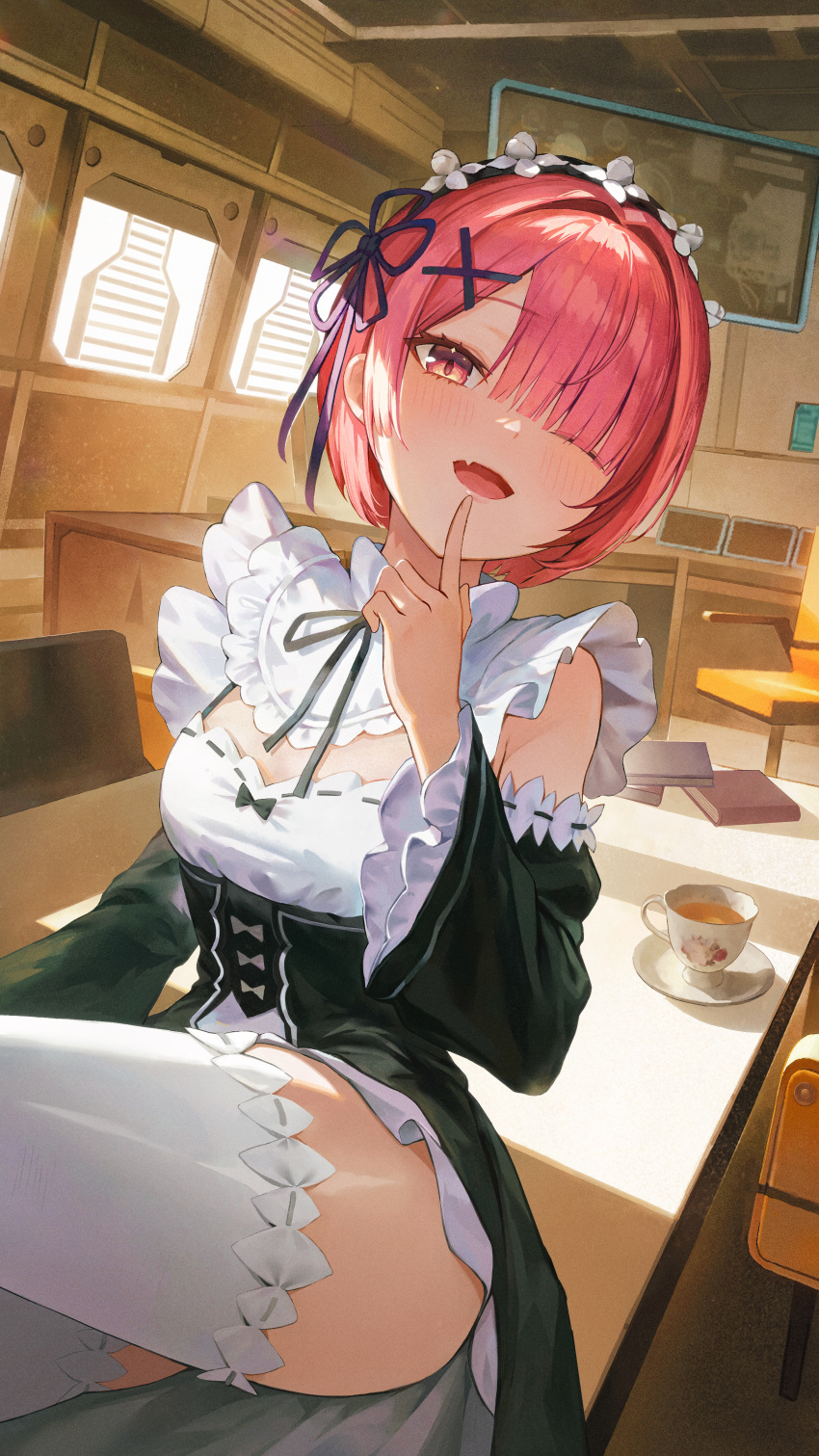 1girl absurdres black_sleeves blue_ribbon blush breasts detached_sleeves fang finger_to_mouth goddess_of_victory:_nikke hair_ornament hair_over_one_eye hair_ribbon highres ikkia index_finger_raised looking_at_viewer maid maid_headdress open_mouth pink_hair ram_(re:zero) re:zero_kara_hajimeru_isekai_seikatsu red_eyes red_hair ribbon short_hair skin_fang small_breasts smile solo thighhighs thighs white_thighhighs x_hair_ornament