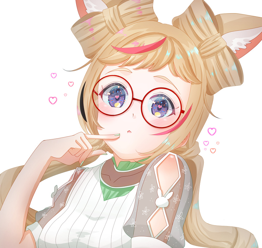 1girl absurdres animal_ear_fluff animal_ears bespectacled black_hair blonde_hair blouse blush bow-shaped_hair breasts commentary_request fox_ears fox_girl glasses green_nails hand_up heart heart-shaped_pupils highres hololive kai_otk long_hair looking_at_viewer medium_breasts multicolored_hair nail_polish official_alternate_costume omaru_polka omaru_polka_(street_casual) parted_lips pink_hair purple_eyes red-framed_eyewear round_eyewear see-through see-through_sleeves shirt short_sleeves sidelocks simple_background solo streaked_hair symbol-shaped_pupils twintails upper_body virtual_youtuber white_background white_shirt