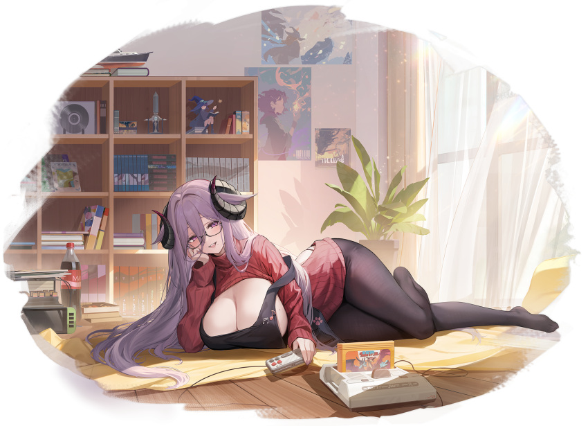 1girl apron artist_request azur_lane black-framed_eyewear black_apron black_horns black_panties black_pantyhose blush book bottle breasts cleavage cola controller curled_horns framed_breasts friedrich_carl_(a_game_of_love)_(azur_lane) friedrich_carl_(azur_lane) game_cartridge game_console game_controller highres holding holding_controller holding_game_controller horns huge_breasts indoors long_bangs long_hair long_sleeves looking_at_viewer lying manga_(object) mole mole_on_breast mole_under_mouth non-web_source official_alternate_costume official_art on_floor on_side open_mouth panties pantyhose plant poster_(object) potted_plant purple_eyes purple_hair red_sweater semi-rimless_eyewear shelf smile solo sweater underwear very_long_hair