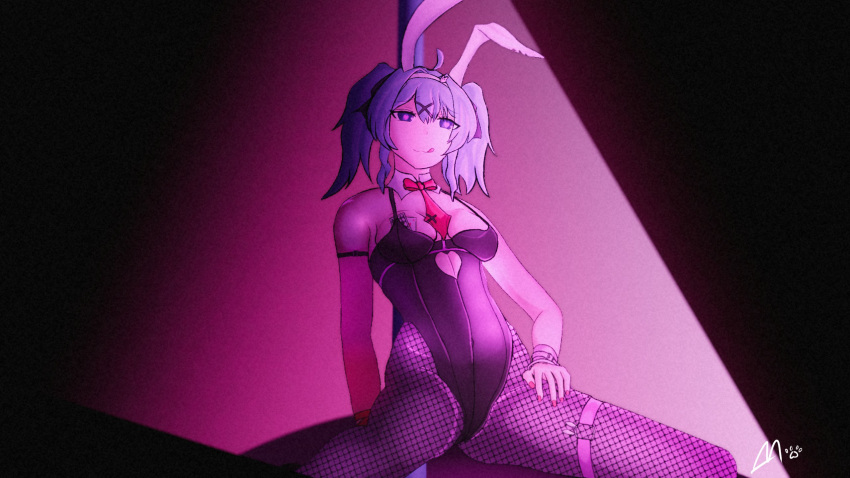 animal_ears arm_strap blue_hair bow card fishnets hair_bow hair_ornament hatsune_miku heart heart_in_eye highres legband leotard licking_lips marisnyartist necktie playboy_bunny playing_card pole rabbit_ears rabbit_hole_(vocaloid) solo stripper_pole symbol_in_eye tongue tongue_out twintails vocaloid x_hair_ornament