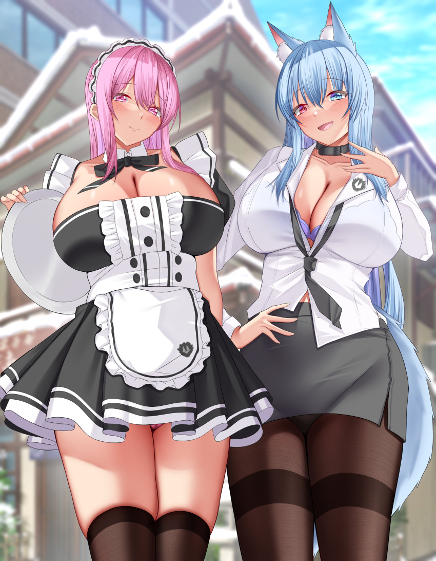 absurdres apron black_choker black_necktie black_panties black_thighhighs blue_eyes blue_hair bow bowtie bra breasts choker cleavage collarbone commission highres kitsune large_breasts maid maid_apron maid_headdress makudesu multicolored_eyes necktie office_lady original panties pantyhose pink_eyes pink_hair pink_panties pleated_skirt red_eyes ribbon ruleroflightvr secretary skirt slayina thick_thighs thighhighs thighs tray unbuttoned unbuttoned_shirt underwear