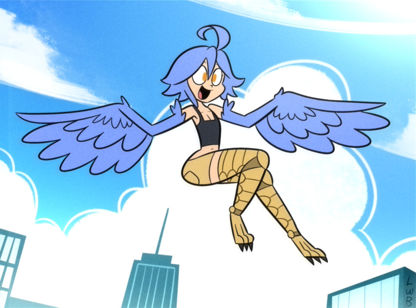 1girl :d ahoge armpits artist_name bare_shoulders bird_legs black_tank_top blue_feathers blue_sky blue_wings breasts brown_shorts building city cleavage cloud crop_top feathered_wings feathers flying full_body hair_between_eyes harpy highres knees_up lolwutburger looking_ahead midriff monster_girl monster_musume_no_iru_nichijou navel open_mouth papi_(monster_musume) short_hair short_shorts shorts signature sky skyline skyscraper small_breasts smile solo talons tank_top toon_(style) winged_arms wings yellow_eyes zettai_ryouiki