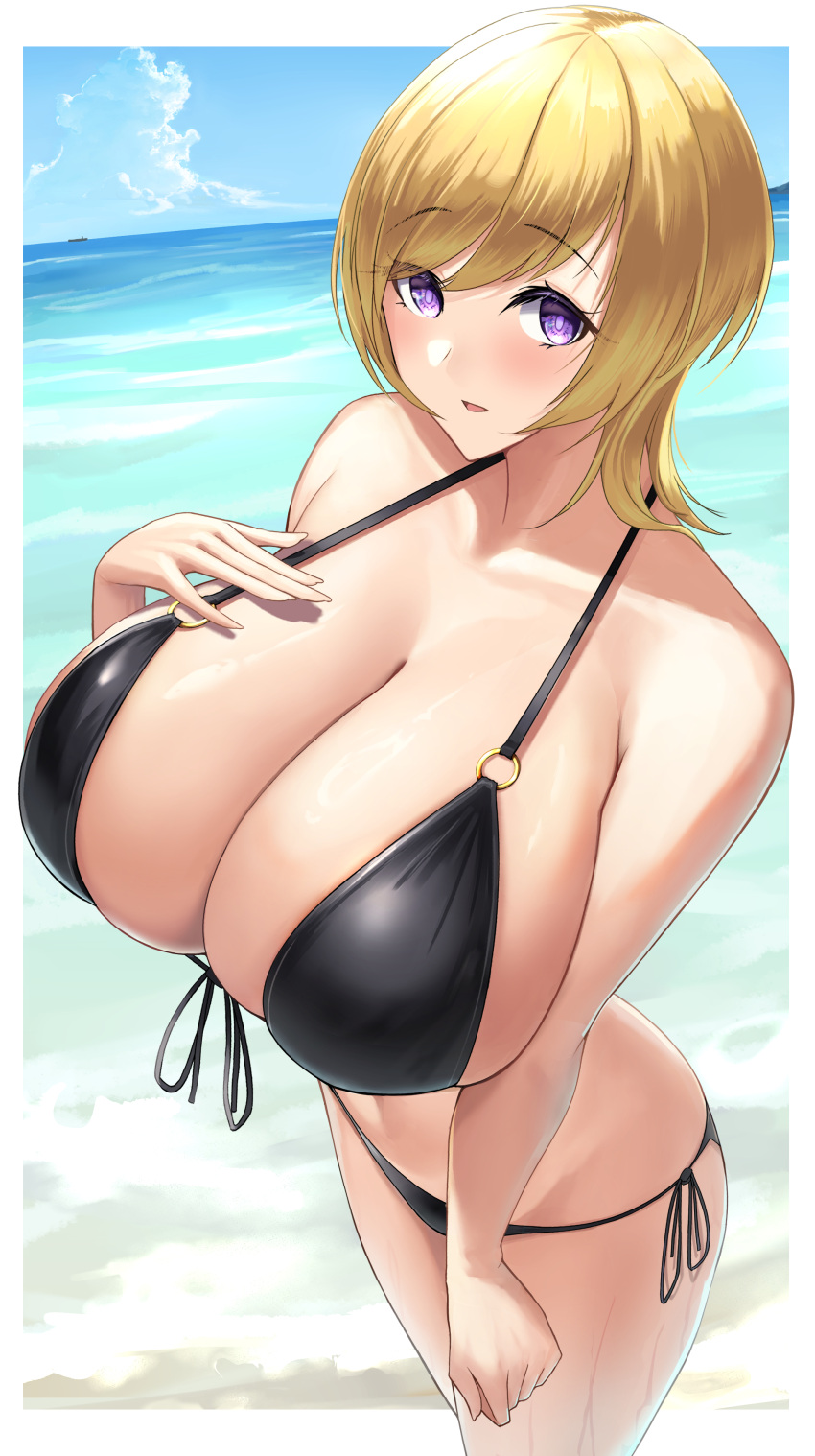 1girl absurdres arisugawa_ya arm_at_side bare_arms beach bikini black_bikini blonde_hair blue_sky breasts cleavage cloud commentary_request day foreshortening hand_on_own_hip highres horizon huge_breasts looking_at_viewer o-ring o-ring_bikini open_mouth original outdoors purple_eyes side-tie_bikini_bottom sky solo standing swimsuit