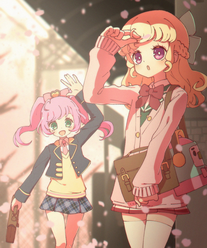 2girls :d adjusting_hair ahoge arm_up avocado_academy_school_uniform bag blue_jacket blue_skirt blurry blurry_background bow braid brown_bag cardigan cherry_blossoms collared_shirt cowboy_shot cropped_jacket day falling_petals green_eyes green_jacket hair_bow highres holding holding_bag idol_time_pripara jacket long_hair long_sleeves looking_at_viewer looking_up manaka_laala manaka_laala_(young) miniskirt multiple_girls necktie open_hand open_mouth outdoors paprika_private_academy_school_uniform petals pink_bow pink_cardigan pink_necktie plaid plaid_skirt pleated_skirt pretty_series pripara purple_eyes purple_hair red_skirt rice_cooker ruru_ashihara school_bag school_uniform shirt skirt smile standing takki_(pripara) thighhighs third-party_source twintails vest waving white_shirt white_thighhighs yellow_vest yumekawa_yui